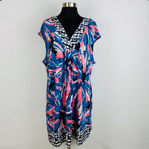 Alfani Womens Plus 2X Blue Salmon Pink Colorful Abstract Print Knee Length Dress - Picture 2 of 8